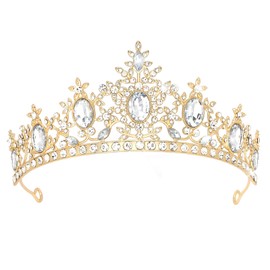 KEUKORZ Crown for Women Princess Gold Tiara for Girls Shiny White Rhinestone Hair Accessories for Birthday Crown for Wedding and Party