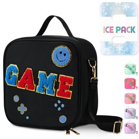 Reusable Insulated Lunch Bag for Kids Teens & Adults with Adjustable Shoulder Strap - Large Durable Lunch Bag Tote for School Travel Picnic Work - Leakproof Design Lunch Carrier,Ice Packs(Black-GAME)