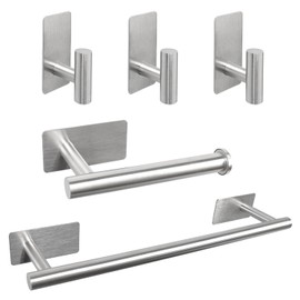 Vanloory 5 PCS Self Adhesive Bathroom Hardware Set, Stainless Steel Towel Rack Set Include 16In Bath Towel Bar+Toilet Paper Holder+3 Towel/Robe Hooks No Drill Bathroom Accessory Kit(Brushed Nickel)