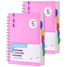 FLYING EAGLE 2 PACK 5 Subject Notebook Wide Ruled Spiral Notebook 6" x 8", 204 Pages Lined Spiral Journal Notebook with Dividers,Small Hardcover Notebooks for School Work, Pink