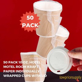 LPS Lowpricesupply 50 PACK 10 oz. Kraft Ripple Individually Wrapped Paper Hot Cup with Lids For Cafe, Hotel Motel Room, takeout box