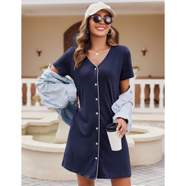 Ekouaer Nightgowns for Women 2 Pack Button Down Sleepshirt Short Sleeve Nightshirt Soft Sleepwear V Neck Pajama Dress
