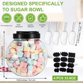 Baderke 4 Sets Plastic Candy Jar with Lid and 4 Scoops 33.8 oz Clear Containers for Candy Buffet Round Cookie Jars with Labels for Snack Food Kitchen Counter Decorative Display Party