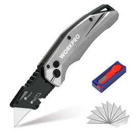 WORKPRO Folding Utility Knife, Heavy Duty Metal, Quick Open Botton Lock Box Cutter, Quick Change Blade Razor Knife, 1PC with 10 Extra SK5 Blades