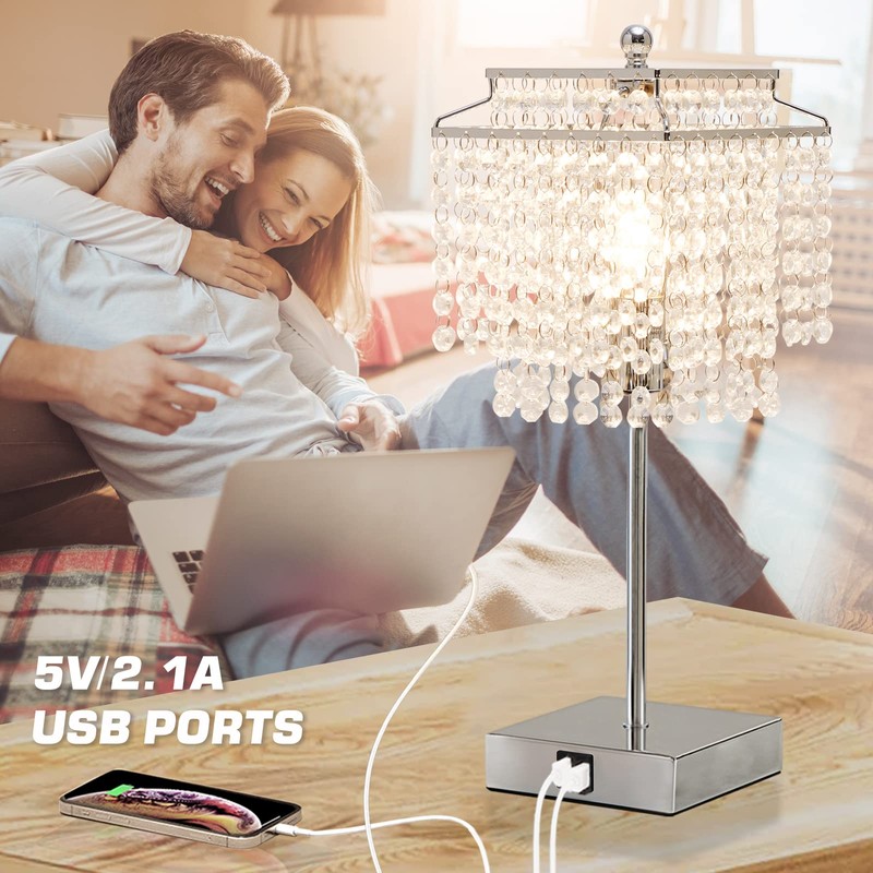 Touch Crystal Table Lamp Silver, Bedside Lamp with USB C+A