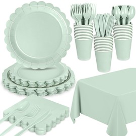 WNINK 176 PCS Sage Green Party Supplies Set, Sage Green Scalloped Disposable Plates, Napkins, Cups, Plastic Spoons, Forks, Knives for Birthday, Baby Shower, Gender Reveal – Serves 25 Guests