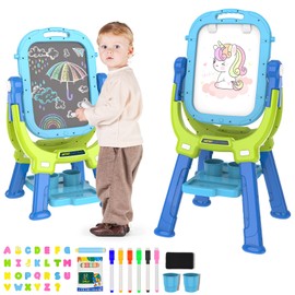 PUPPSITTY Easel for Kids, Adjustable Standing Rotatable Double Sided Toddlers Art Easel with Painting Accessories, Drawing Board Gift for Boys and Girls, Blue/Green