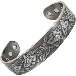 Ladies Copper Magnetic Bracelet Women Pewter Plated Copper Bangle Cuff 6 Magnets Adjustable, Floral Pattern-EFP (L: Wrist 19.5-22.5cm/7.6-8.75")