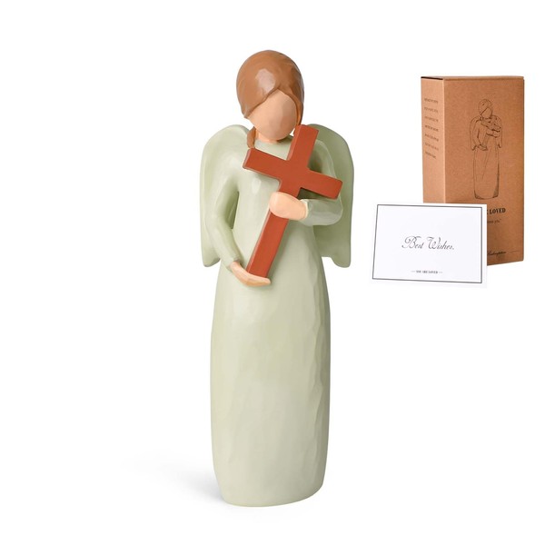 Heloner Angel Figurines with Cross, Praying Angel Sculpture Figurine for