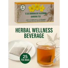 Damiana Herbal Tea – 100% Turnera diffusa – 25 Tea Bags – Natural Caffeine-Free Infusion – Traditional Herbal Beverage – Té de Damiana de California – Hecho en México