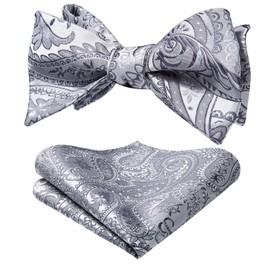 HISDERN Silver Bow Ties for Men Gray Paisley Self Tie Bow Tie and Pocket Square Set Classic Business Formal Tuxedo Bowtie Handkerchief for Wedding Party