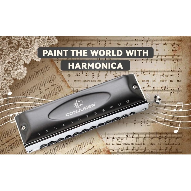 CONJURER Chromatic Harmonica Valveless 12 Hole Stainless Steel Mouth Organ