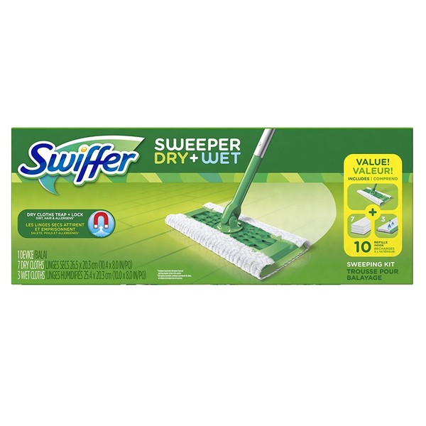 Swiffer Sweeper Cleaner Dry and Wet Mop Starter Kit with Refills, Hardwood Floor Cleaning, Includes: 1 Mop, 7 Dry Refill Cloths, 3 Wet Pads