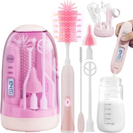 Electric Bottle Brush Cleaner,Rechargable Baby Bottle Brush with Thermometer,Drying Rack,Waterproof Baby Bottle Cleaner with Nipple&Straw Brush,Perfect Essentials Gift for New Mom (Sakura Pink)