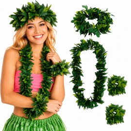 Hawaiian Headpiece 4 in 1 Green Hawaiian Party Garland Set Artificial Leaves Headband Lifelike Leaves Necklace Loop Bracelet for Beach Party Summer Costume