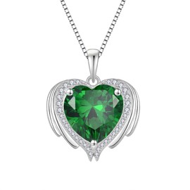 Lwsary Angel Wings Necklace 925 Sterling Silver Love Heart Pendant Emerald Necklace May Birthstone Jewelry for Women