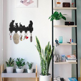 ORIGACH Cat Wooden Key Holder for Wall Wood Black Key Rack with 5 Metal Hooks Wall Mounted Mountains Key Hooks for Front Door Kitchen Entryway Hallway - 30x16 cm