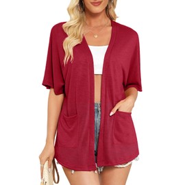 Wiwclo Short Sleeve Cardigans for Women Lightweight Summer Cardigan Kimono Casual Loose Beach Cover Up Curved Hem with Pockets, A10-maroon, XL