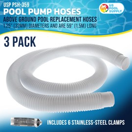 U.S. Pool Supply Above Ground Pool Hose Replacement 1.25" Diameter x 59" Long, Pack of 3 - White Premium Pool Filter Pump Hoses Compatible with Intex 607, 637 Pumps, 330, 530, 1000 GPH, 6 Metal Clamps
