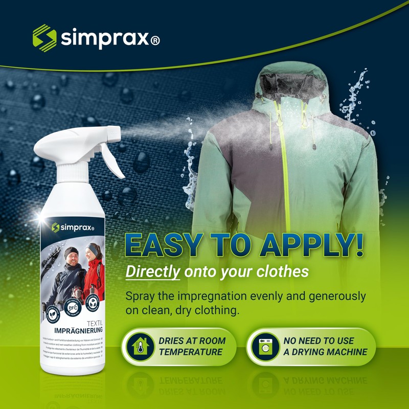 simprax® Textile Waterproof Spray Eco-Friendly & Skin-Safe | Water-Based Waterproofing