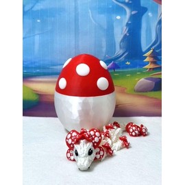 Mushroom Baby Dragon and Egg, 3D Printed Articulated Mushroom Baby Dragon, 6.5" White and Red Mushroom Dragon, Fidget ADHD Autism Toy BD011