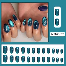 24Pcs Blue Gradient Press on Nails Short Oval Fake Nails Elegant Gradient Acrylic Nails Shine False Nails with Designs Full Cover Glue on Nails Reusable Artificial Nails for Women Girls Manicure Decor