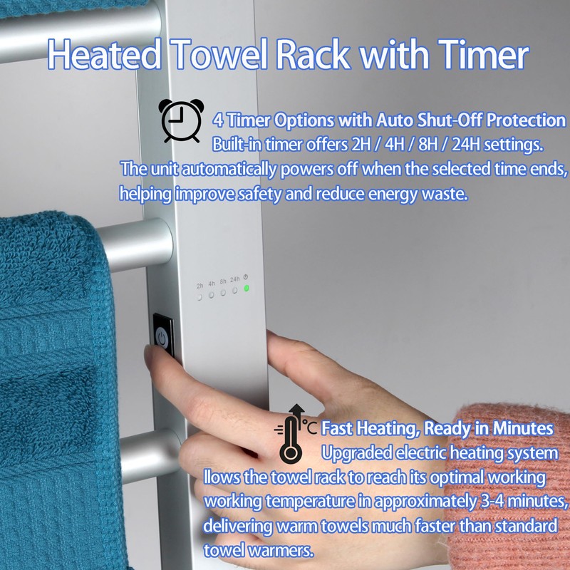 BVANQ Heated Towel Rack with Timer, 8-Bar Electric Towel Warmer