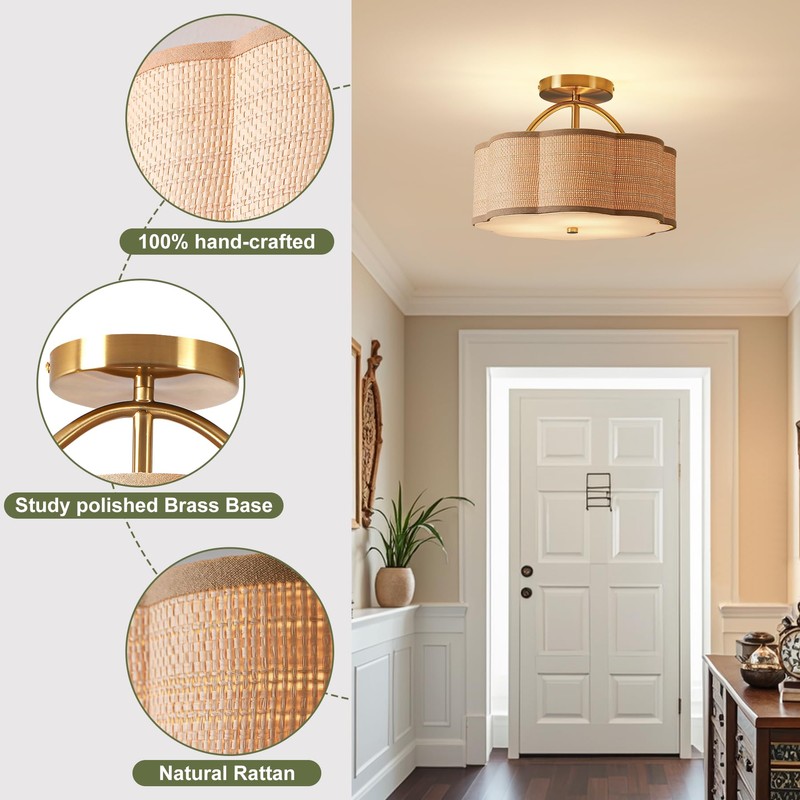 Joyartic 13" Rattan Semi Flush Mount Ceiling Light 3-Light Boho
