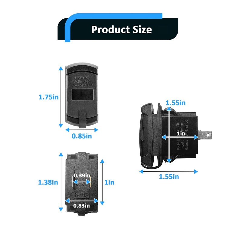 Wsays Dual USB Rocker Switch 12v Charger/Outlet with LED Voltmeter