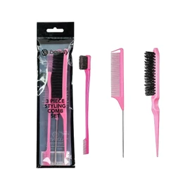 Professional Hair Styling Set, 3-Piece Comb Set with Teasing Comb, Edge Brush, Rat Tail Comb, Pink, Slick Back Hair Brush