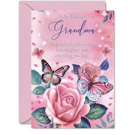 Giftzie Grandma Birthday Card - Pink Rose Butterfly - Beautiful Happy Birthday Card for Grandma from Granddaughter Grandson, A5 Female Floral Bday Mothers Day Greeting Cards