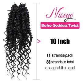 NISEYO Goddess Passion Twist Crochet Hair with Curly Ends 10 Inch, 8 Packs Boho Style Crochet Passion Twist Hair Pre looped, Short Pre-twisted Boho Braids (1#,Jet Black)