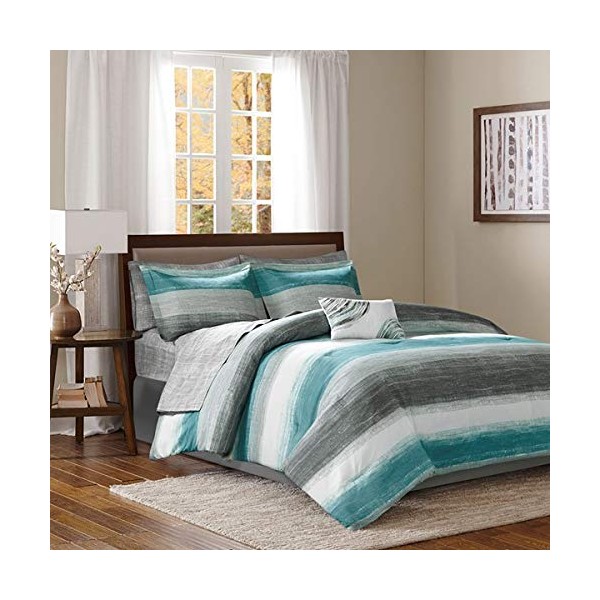Aqua Blue Grey Watercolor Cottage Beach House Coastal Full Comforter Set (9 Piece Bed in A Bag) + Homemade Wax Melts