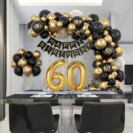 60th Birthday Decorations for Men Women, Black Gold 60th Birthday Balloons Party Decorations with 60th Happy Birthday Banner, Happy Birthday Garland Balloons Black Gold Decor for 60th Birthday Party