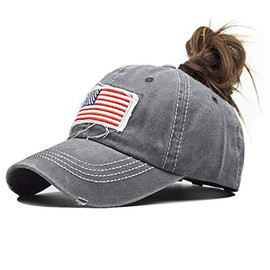 Baseball Hat Ponytail Cap Vintage Distressed American-Flag Hats Grey