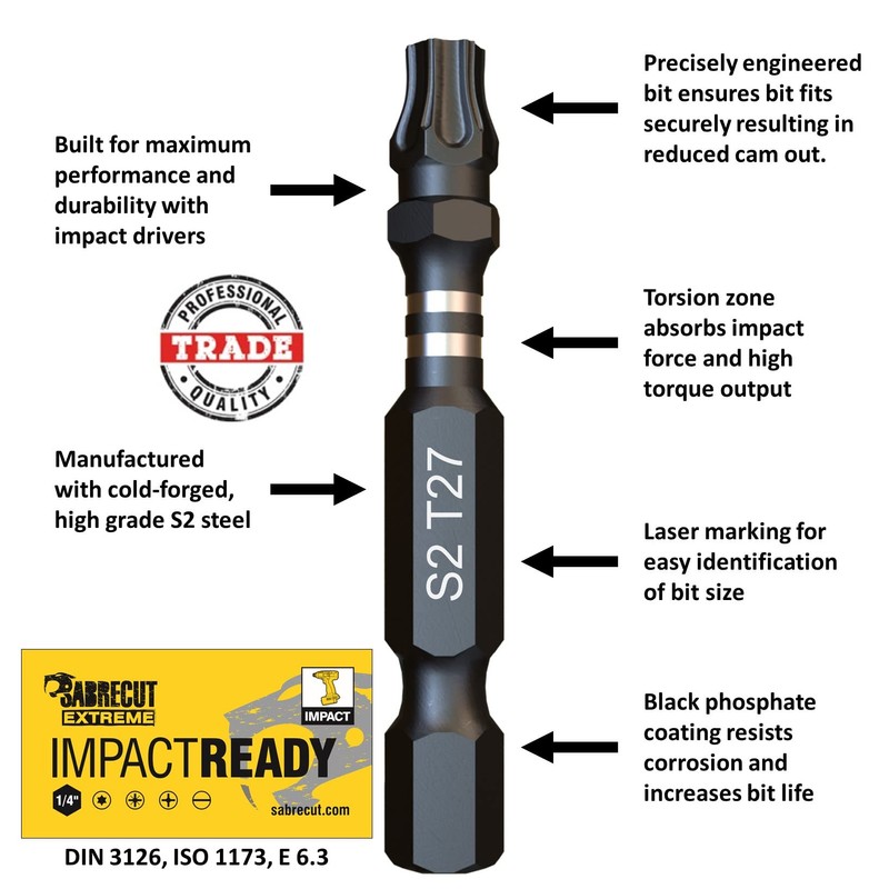10 x SabreCut SCTX2750_10 50mm TX27 T27 Impact Screwdriver Driver