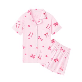 QZH.DUAO 100% Cotton Girls' Pajama Set with Button-Up Short Sleeve Sleepwear Nightwear Loungewear for girl, Pink Bow, 13-14 Years