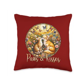 Art Nouveau Love Chihuahua Dog & Cat Kiss Flower Butterfly Paws Kisses Valentines Chihuahua Dog & Cat Throw Pillow, 16x16, Multicolor