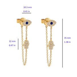 Blue Evil Eye Protection Hamsa Hand of Fatima Ear Jacket Dangle Drop Earrings for Women Girls 925 Sterling Silver Post Pin Delicate Fashion Statement Sparkling Crystal Stud Lucky Jewelry Gift (Gold)