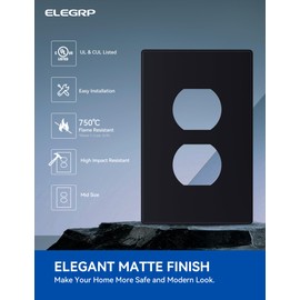 ELEGRP 1-Gang Screwless Duplex Wall Plates, Mid-Size Unbreakable Thermoplastic Faceplate Cover for Duplex & Combination Receptacle Wall Outlet & Duplex Toggle Switch, UL Listed (5 Pack, Matte Black)