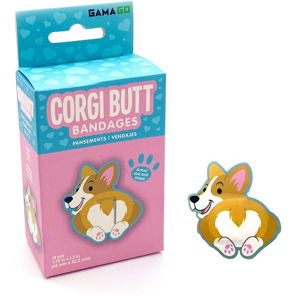 GAMAGO Corgi Butt Bandages for Kids & Kidults - Set of 18 Individually Wrapped Self Adhesive Bandages - Sterile, Latex-Free & Easily Removable - Funny Gift & First Aid Addition