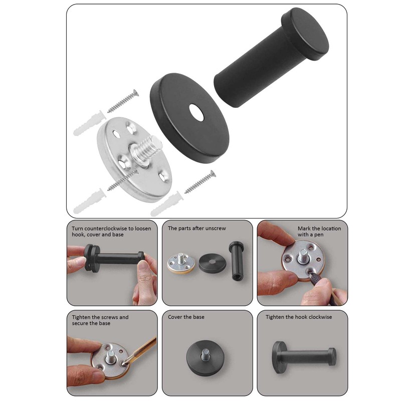 XQEUMC Pack of 8 Coat Hooks Black Matt Round 55