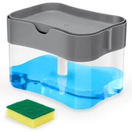 Bebeay Dispensador de Jabon Cocina, Jaboneras para Cocina con Porta Esponja, Jabonera para Trastes Fregadero 300ml，Pulsar para Dispensar, Reposición Oportuna, Limpieza de Platos, Cubiertos y Sartenes