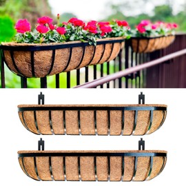 LaLaGreen Railing Planters Box (36", 2 Pack) Black Metal Rectangular Window Flower Box with Coco Liner, Extra Large Wall Hanging Planter for Outdoor Plants Deck Rail Fence Bracket Balcony Porch Garden