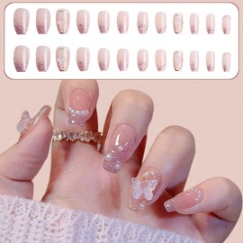 DELUXEFOX Nail Tips, 24 Pieces, Nail Tips, Short False Nails, Spring and Summer, Popular Japanese Style, Cute, Simple, Stylish, Coming of Age Ceremonies, School Entrance Ceremonies, Graduation