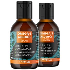 Omega-3 Algae Oil 200 ml - High Dose with 3665 mg Algae Oil, of which 1203 mg DHA & 667 mg EPA - Vegan Omega-3 Oil + Ahiflower Oil with Pleasant Orange Flavour - Laboratory Tested with Certificate - 2 x 100 ml