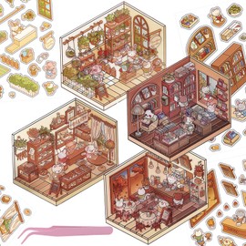 4Pcs 3D Fun Mini House Scenes Stickers with Tweezers Make Your Own Mini Bakery Flower House Coffee Shop Library Scenes Stickers Cute Mini Room Craft Scrapbook Stickers for Relief Stress Pass The Time