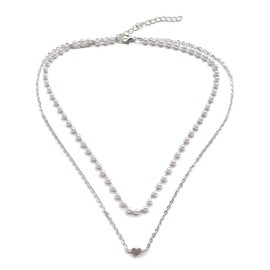 Pearl Heart Pendant Necklace Boho Layered Initial Heart Necklace Chain Jewelry for Women Girls Teens (Silver)