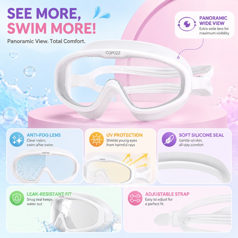 Kids Anti-Fog Swim Goggles with Case – Waterproof Big Frame