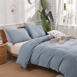 Janlive Washed Cotton Duvet Cover Queen Ultra Soft 100% Natural Cotton Solid Grayish Blue Duvet Cover Set with Zipper Closure -3 Pieces Grayish Blue Queen